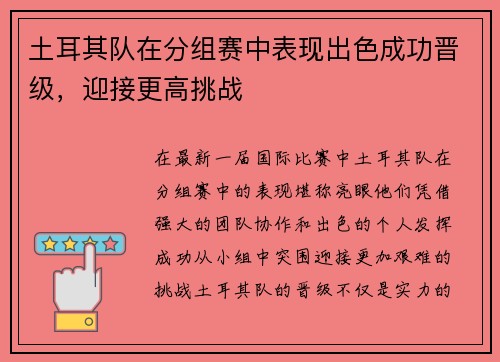 土耳其队在分组赛中表现出色成功晋级，迎接更高挑战