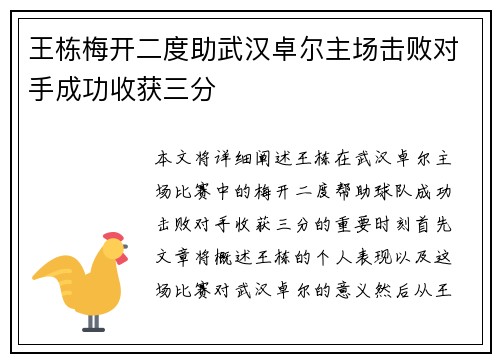 王栋梅开二度助武汉卓尔主场击败对手成功收获三分
