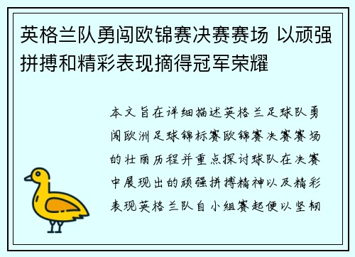 英格兰队勇闯欧锦赛决赛赛场 以顽强拼搏和精彩表现摘得冠军荣耀