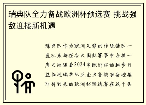 瑞典队全力备战欧洲杯预选赛 挑战强敌迎接新机遇
