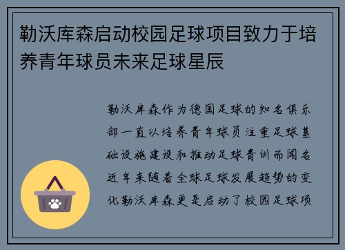勒沃库森启动校园足球项目致力于培养青年球员未来足球星辰